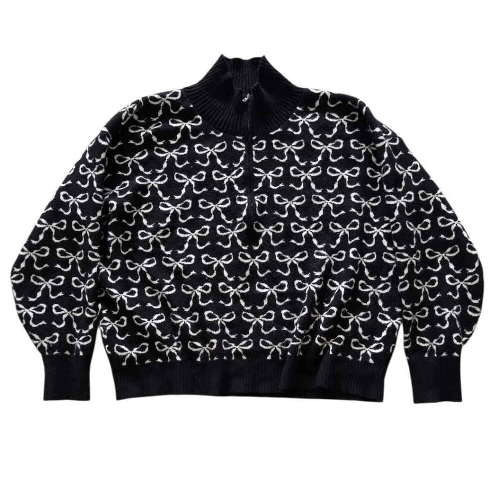 Maeve Anthropologie The Montana Mock-Neck‎ Half-Zip Sweater Black Bow Print Sz M